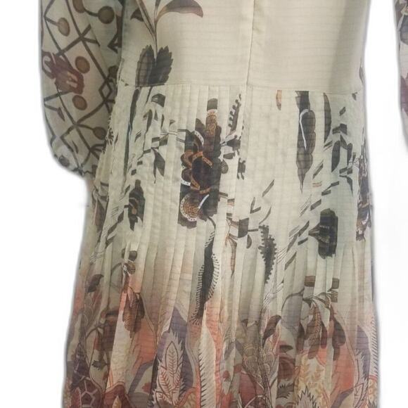 Desigual by Christian Lacroix Brown Pleated Floral Midi Long Sleeve Dress Size 8 - Picture 5 of 8